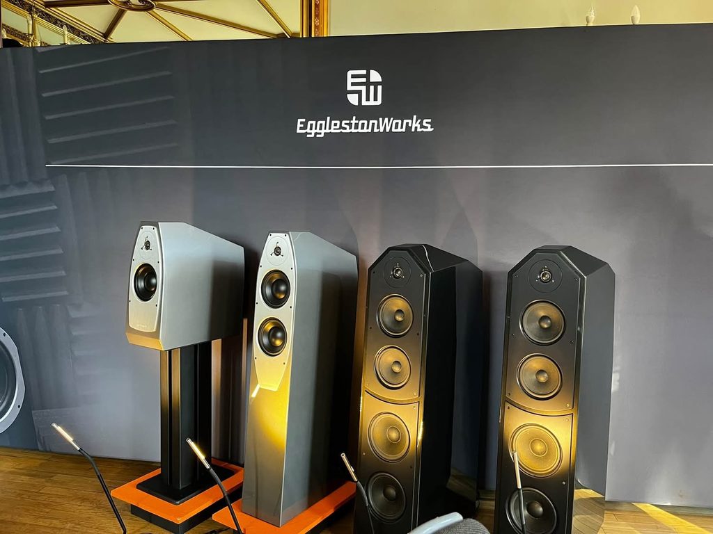 Selection of EgglestonWorks loudspeakers displayed at the 2026 Sheffield Audio Show, including floorstanding and stand-mounted models.